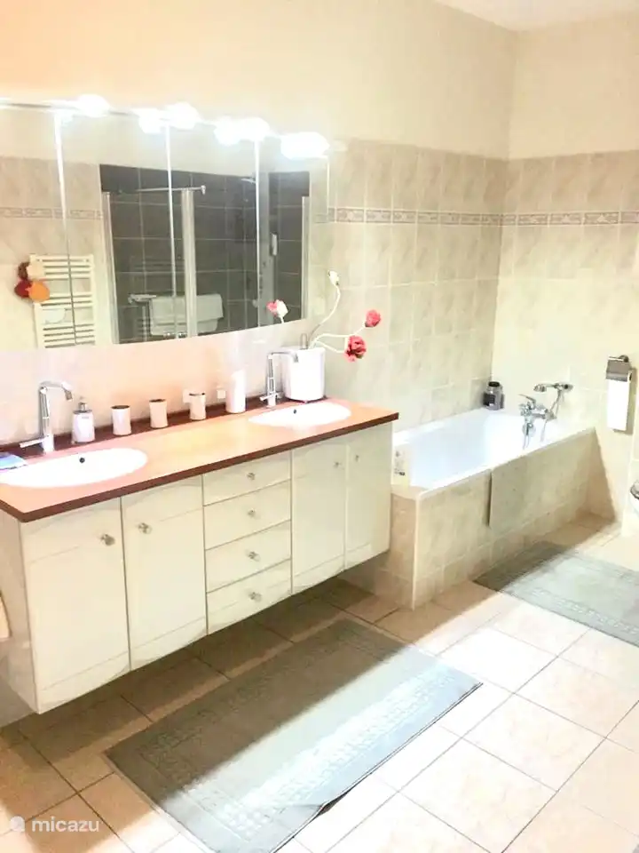 Badewanne, Doppelwaschbecken und Bidet.