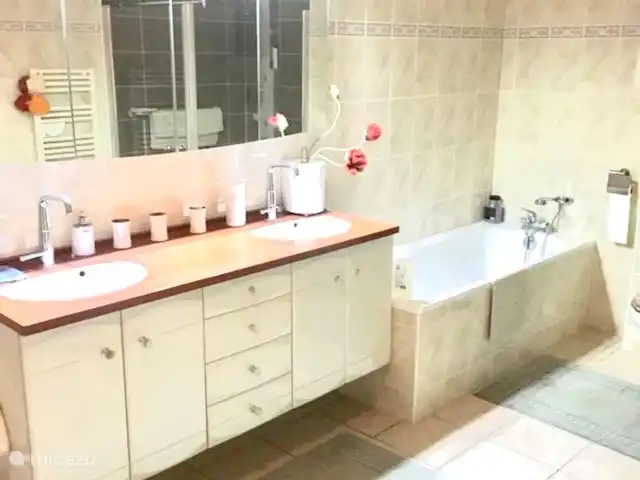 Villa Mon Cherry La Haute Preze 26 en Francia, Charente, Rouzède - villa Bañera, lavabo doble y bidé.