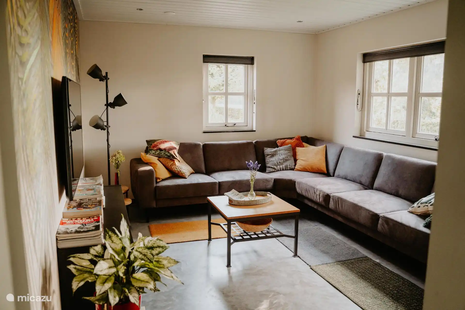 Ein gemütliches Wohnzimmer mit Fernseher, Schrank voller Bücher und einem schönen Sofa!