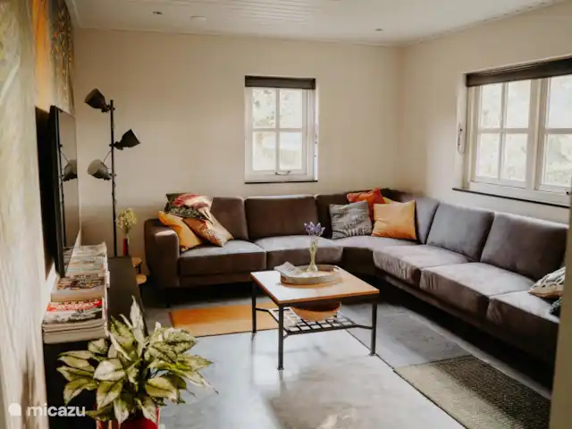 Boekels Buiten en Países Bajos, Barbante Septentrional, Boekel - casa vacacional Una acogedora sala de estar con un televisor, un armario lleno de libros y un bonito sofá.