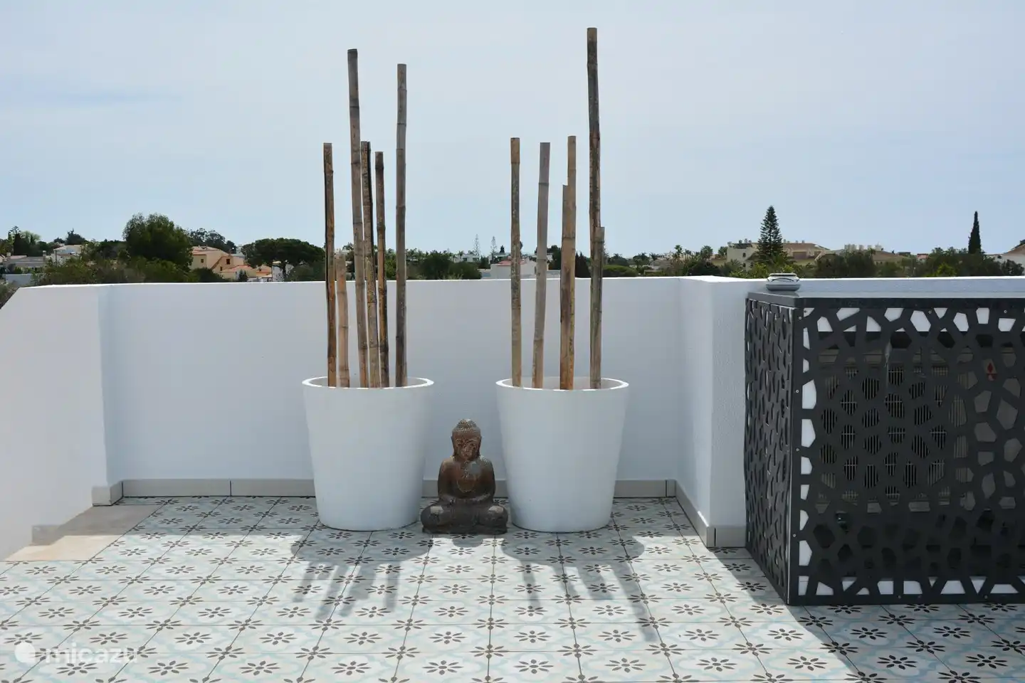 Deze stijlvolle hoek brengt balans en rust op het ruime dakterras