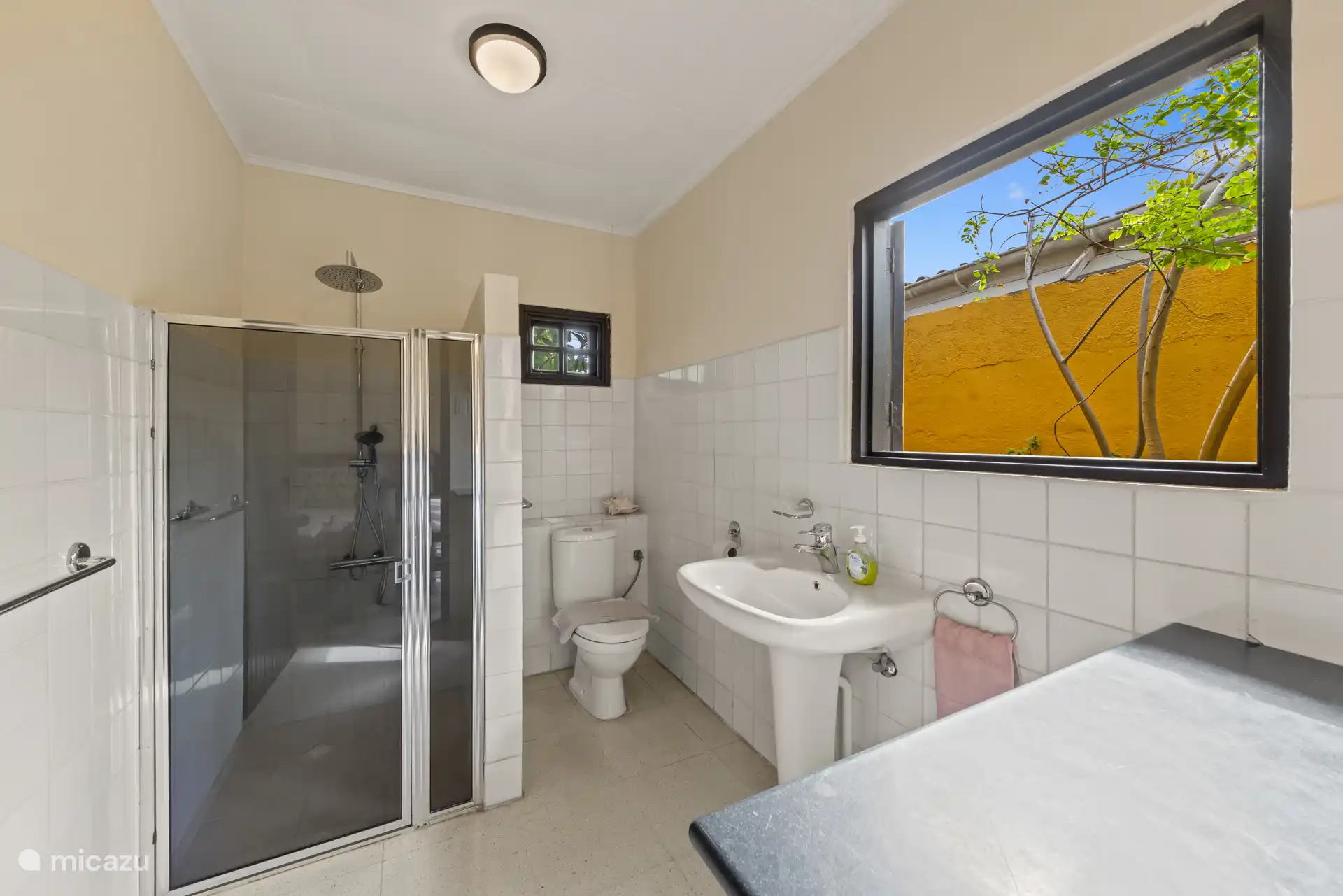 Zweites Badezimmer mit Dusche, Waschbecken und WC.