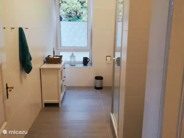 Location de Vacances Allemagne, Sauerland, Siedlinghausen - Winterberg, appartement - Jagdschloss Siedlinghausen BG La salle de bain avec WC, douche, lavabo et machine à laver.