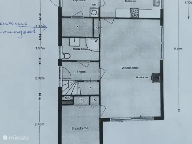 Boshuis huren in Nederland, Drenthe, Wateren - vakantiehuis plattegrond van de benedenverdieping. Sommige gasten zoeken naar de ouderslaapkamer op de begane grond.