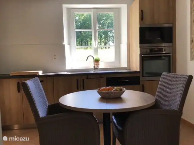 Küche mit Induktionskochfeld, Mikrowelle und Heißluftofen.