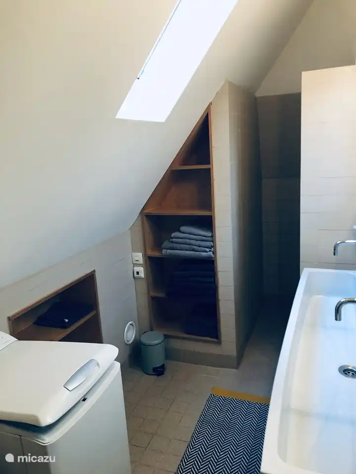 Badezimmer mit ebenerdiger Dusche, großem Waschbecken und Waschmaschine.