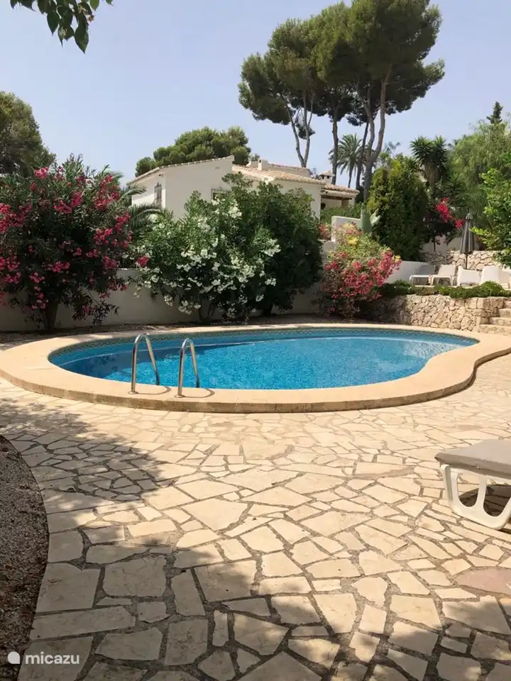 Terrasse am nierenförmigen Swimmingpool. Der Pool misst 10 x 5 m