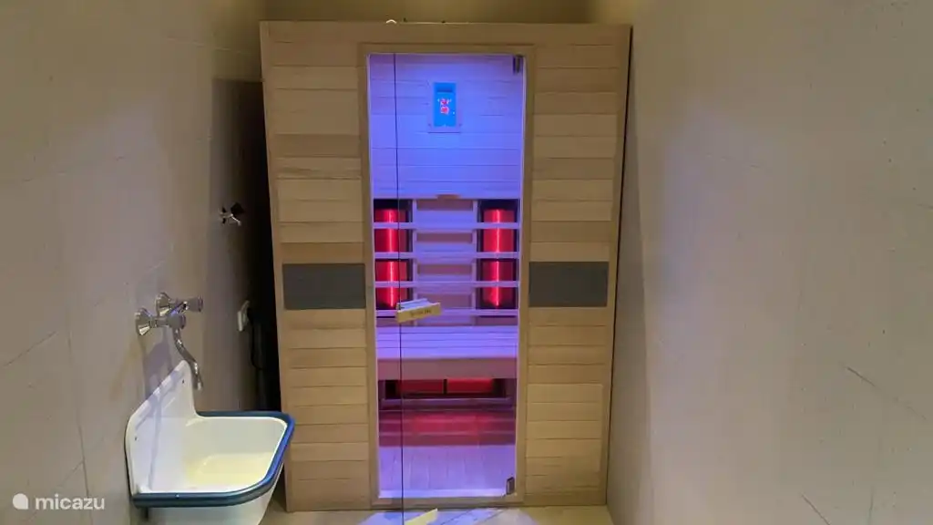 Infrarotsauna für 2 Personen mit verschiedenfarbiger Beleuchtung und Radio verfügbar. Die Waschmaschine befindet sich ebenfalls im selben Raum.