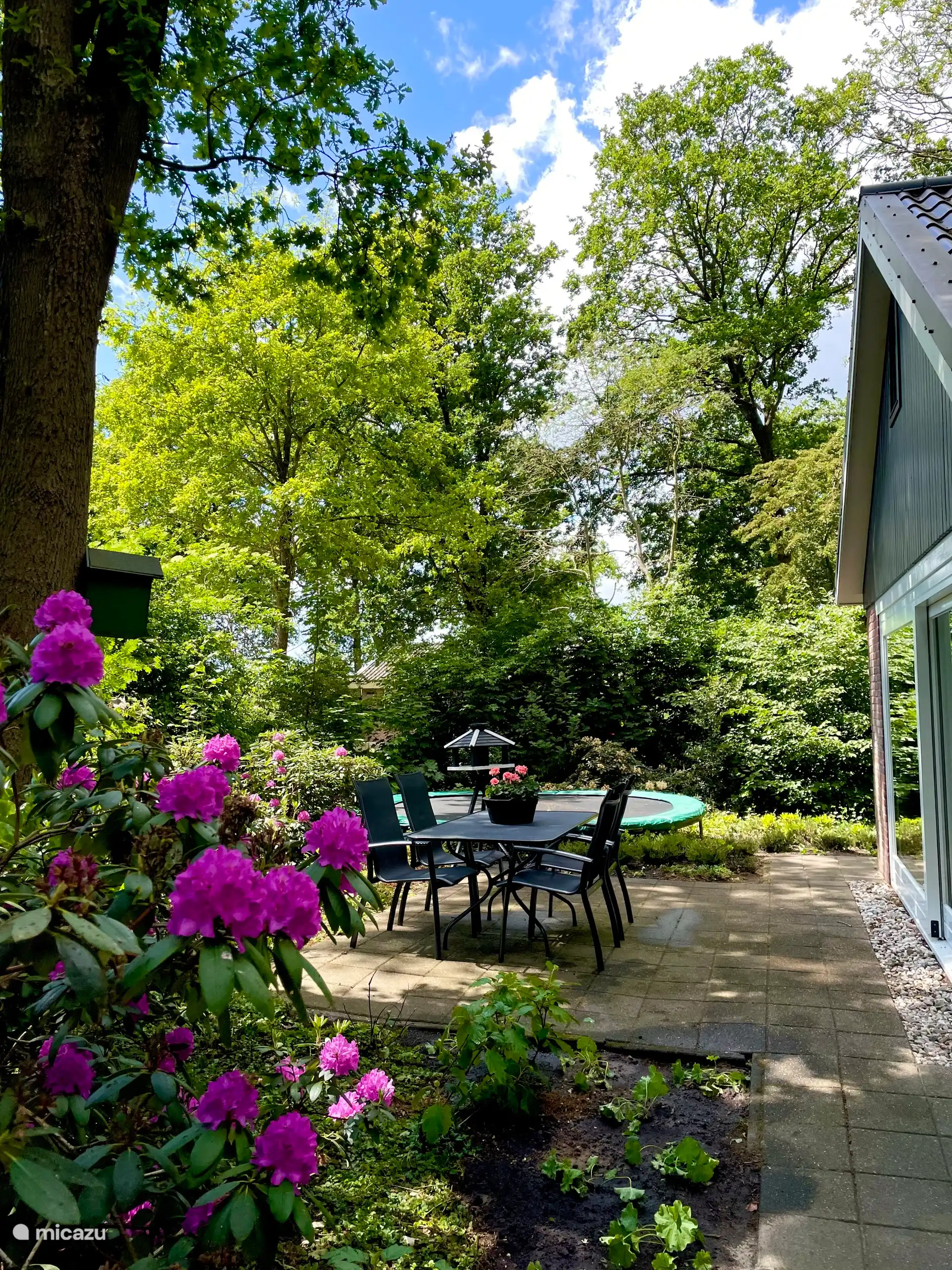 Terrasse an den Schiebetüren mit Gartenmöbeln