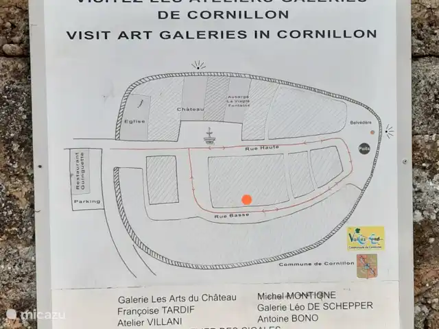 Maison Mymoodz | France, Gard, Cornillon - maison de vacances Le plan de notre village d'artistes dans l'enceinte du château, au point orange se trouve notre maison. Antoine Bono l'artiste moderne a son atelier et sa galerie juste en face de nous, juste à côté de nous vit et travaille le célèbre artiste français Michel Montigne,