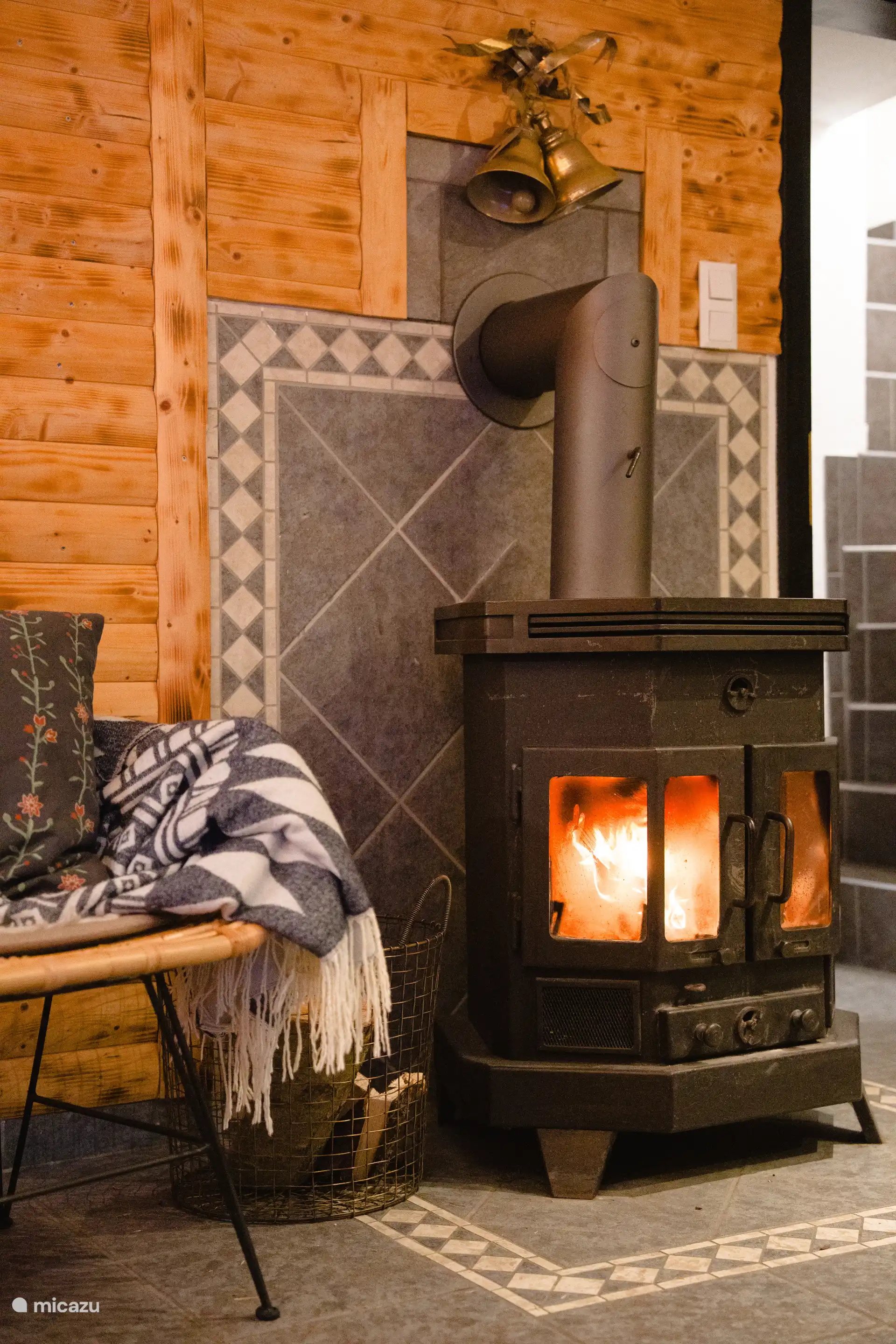 wood stove in dining room