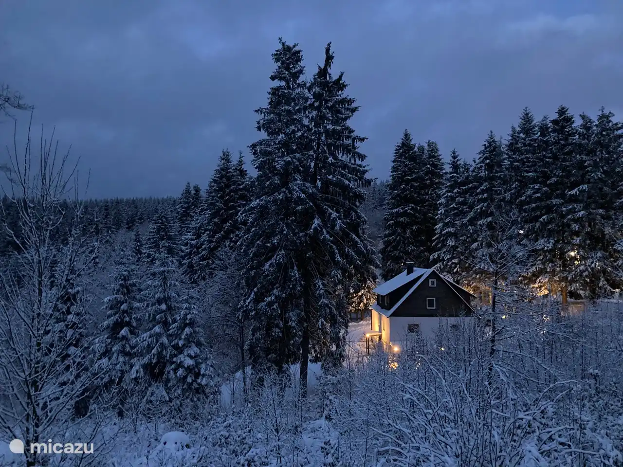 In the evening, the Waldhaus is beautifully lit. 