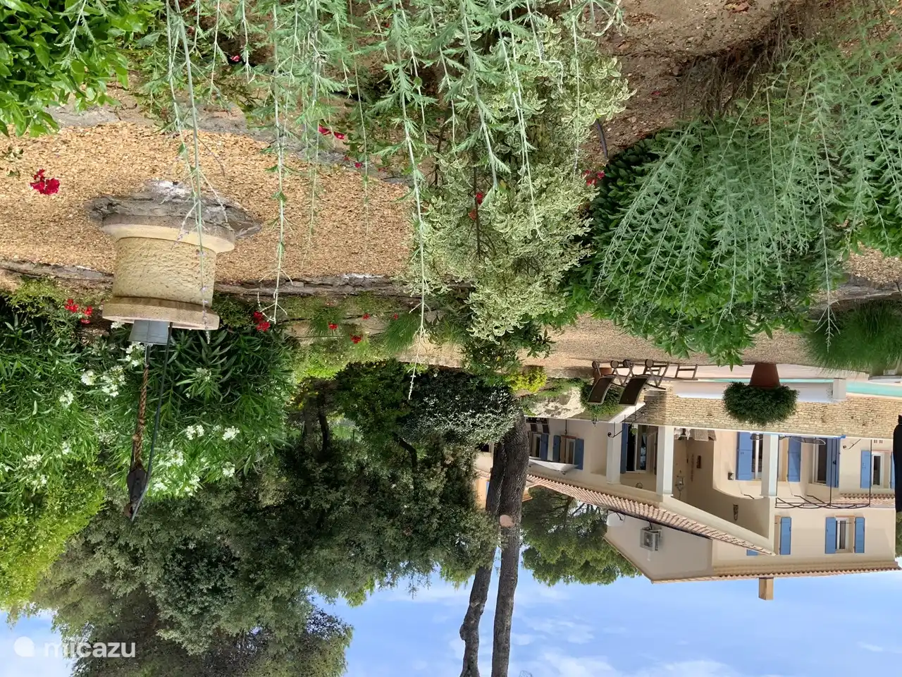 Garten mit Brunnen im Sommer