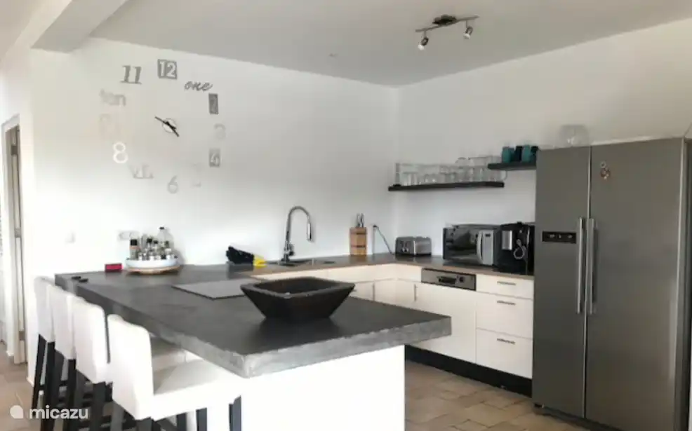 Kitchen with ceramic hob, convection oven, dishwasher, microwave and American fridge