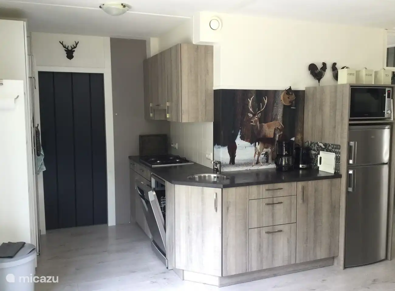 Offene Küche mit Geschirrspüler, Kühlschrank mit Gefrierfach und Kombi-Mikrowelle.