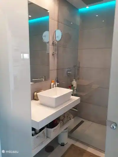 Este es el baño (con una amplia cabina de ducha, lavabo e inodoro) que pertenece al dormitorio principal