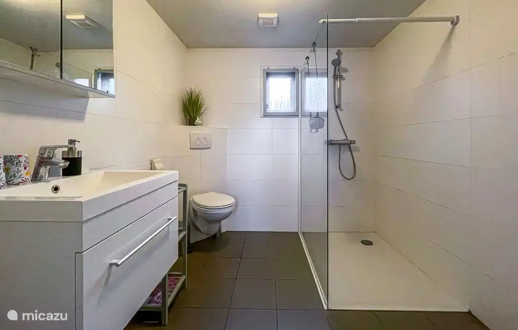 Das geräumige Badezimmer mit Dusche, WC und Waschbecken. Ein Duschhocker ist ebenfalls erhältlich.