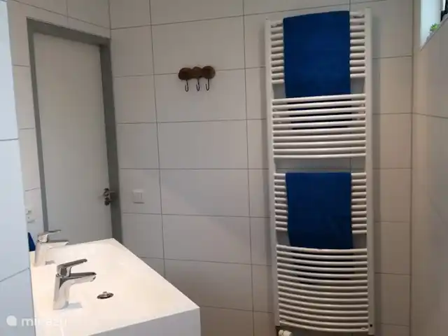 el tucan en Países Bajos, Güeldres, Emst (Epe) - casa vacacional El baño con plato de ducha, lavabo doble y radiador toallero.