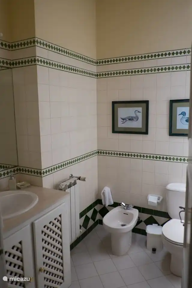 Jedes Schlafzimmer hat ein eigenes Bad in einem eigenen Farbschema (hier grüne Details)