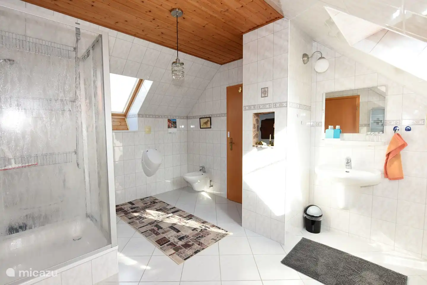 Belle salle de bain spacieuse avec WC, urinoir, bidet, douche et lavabo.