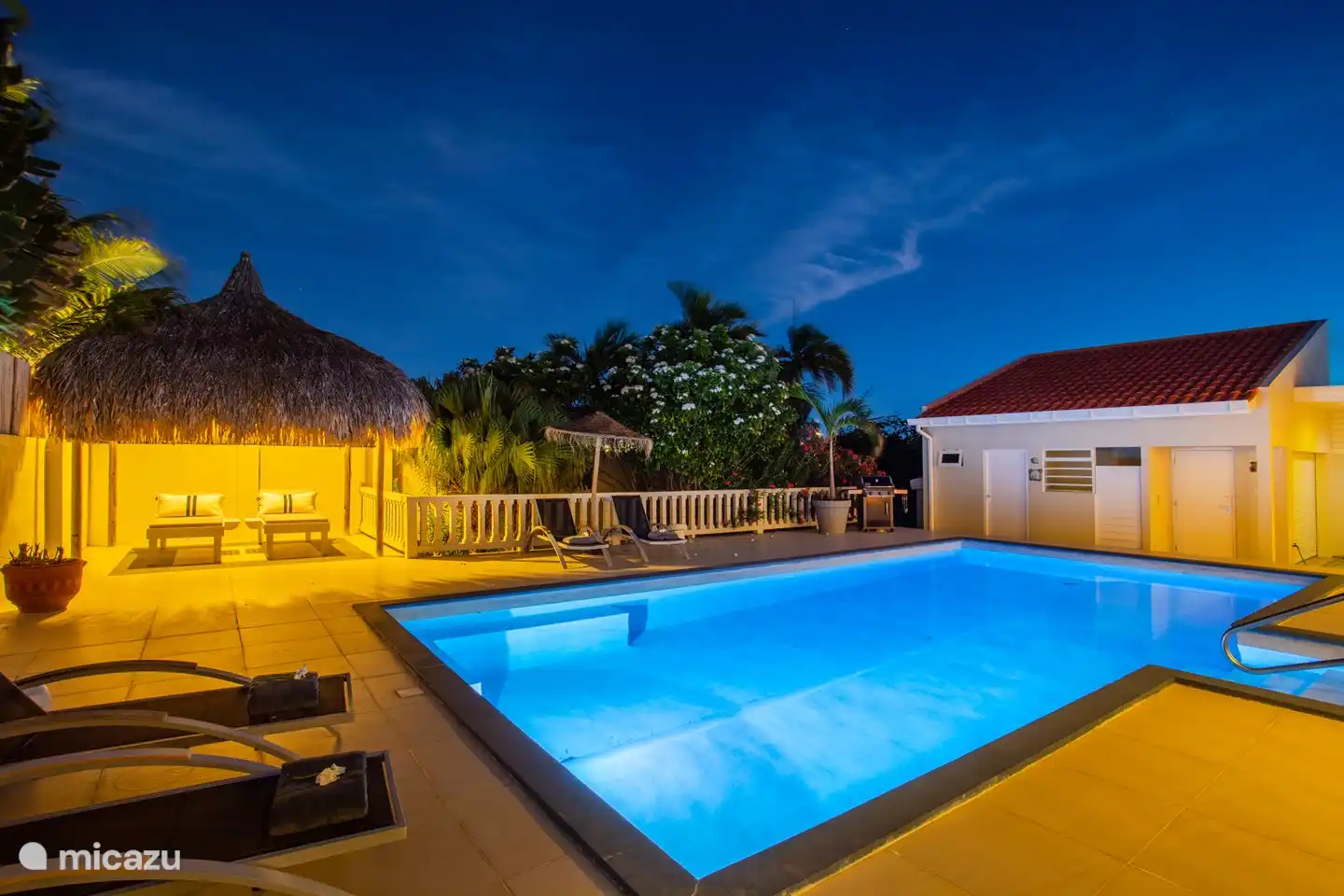 Jardín y piscina de la impresión de la tarde.