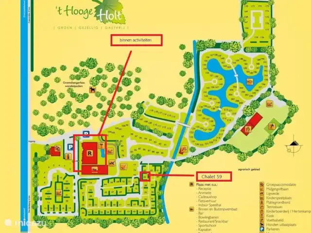 Just Relax | Pays-Bas, Overijssel, Gramsbergen - chalet Plan du parc avec l'esplanade et l'emplacement de notre chalet indiqué