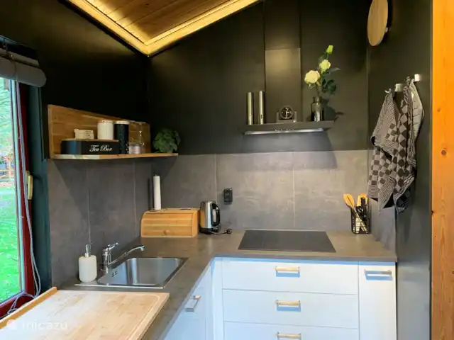 Just Relax | Pays-Bas, Overijssel, Gramsbergen - chalet Cuisine avec plaque vitrocéramique avec hotte aspirante, lave-vaisselle, combiné micro-ondes et grand réfrigérateur, machine Senseo, bouilloire, appareil à sandwich.