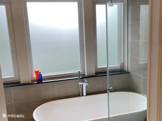 Villa Rein | Pays-Bas, Zélande, Renesse - maison de vacances Salle de bain 2 au 1er étage avec baignoire et douche et meuble de salle de bain double.