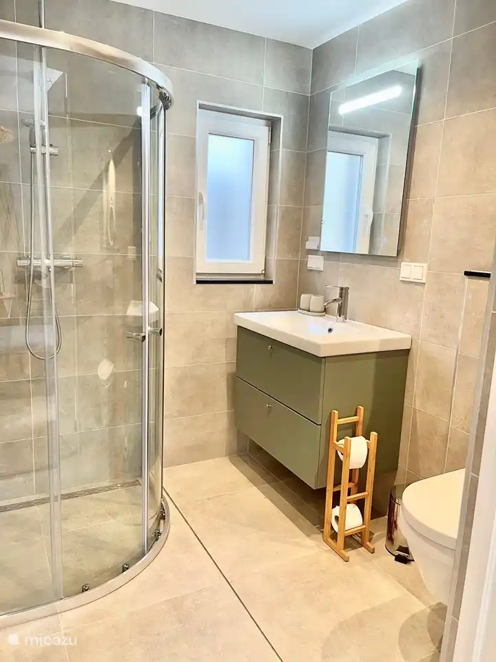 Badezimmer im Erdgeschoss mit Dusche, Waschbecken und Toilette.