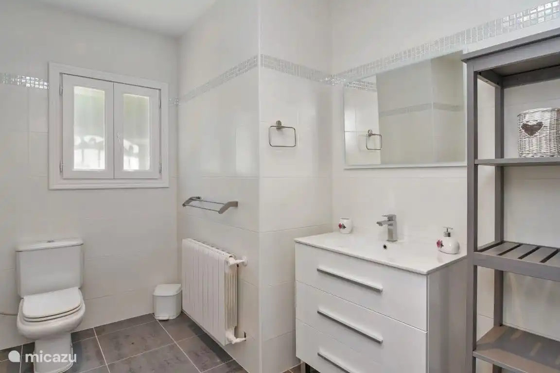 Badezimmer im Erdgeschoss mit Heizung, WC, Waschbecken und Dusche.