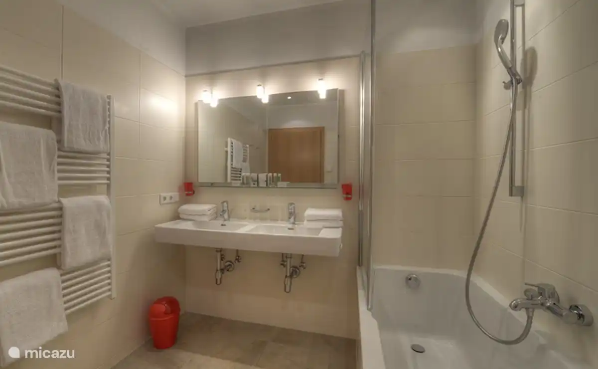 De ruime badkamer met douche.