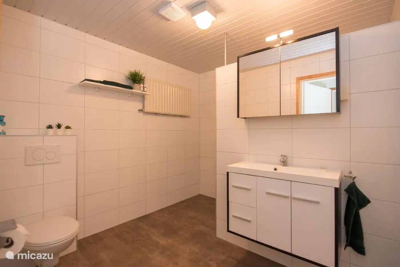 Das Badezimmer verfügt über eine Toilette, ein Waschbecken und eine ebenerdige Dusche.