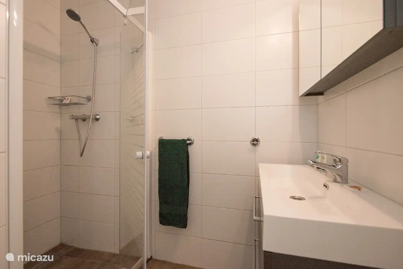 Das Badezimmer verfügt über eine Toilette, ein Waschbecken und eine ebenerdige Dusche