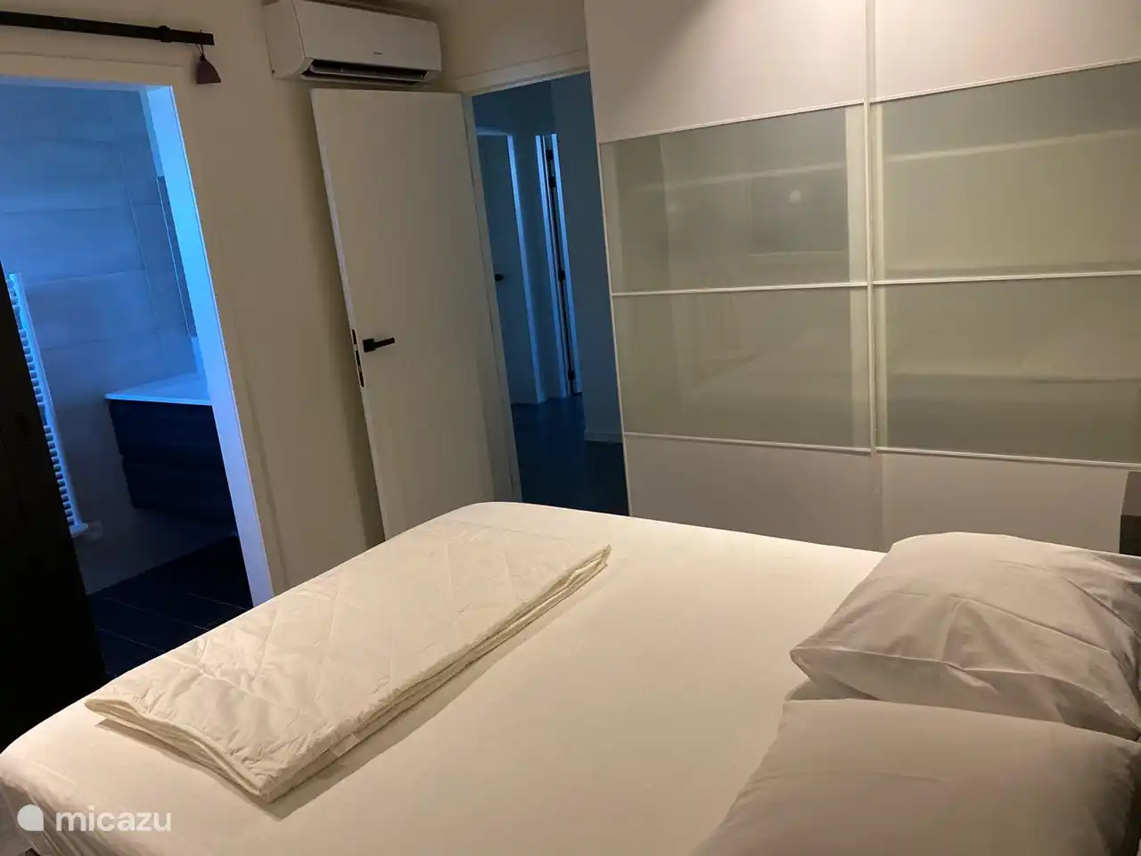 Chambre avec sommier et salle de bain (lavabo-douche)