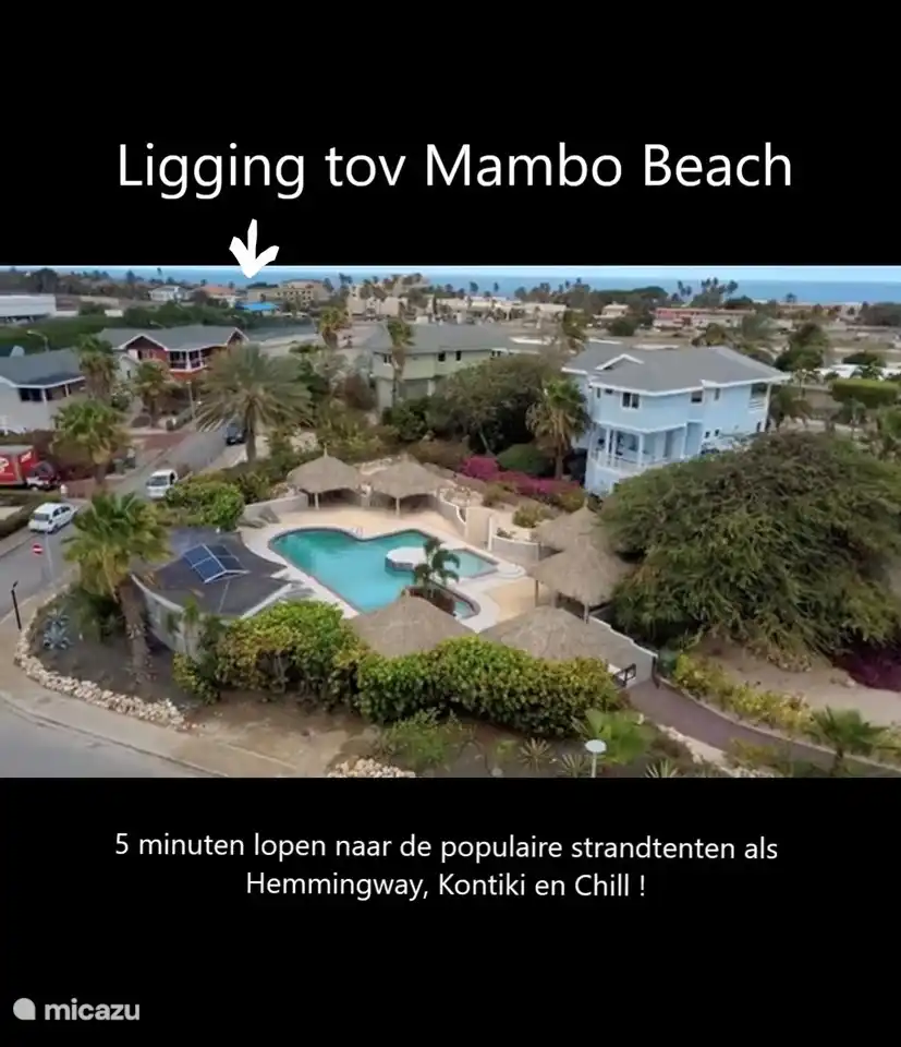 Lage in Bezug auf den Strand. Weißer Pfeil bezieht sich auf den Strand von Mambo. Das blaue Haus ist die Villa