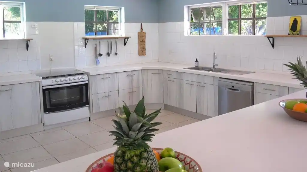 La cuisine est équipée d'un lave-vaisselle, d'un grand réfrigérateur-congélateur (dont machine à glaçons), d'une cuisinière à gaz 6 feux et d'un grand four. 