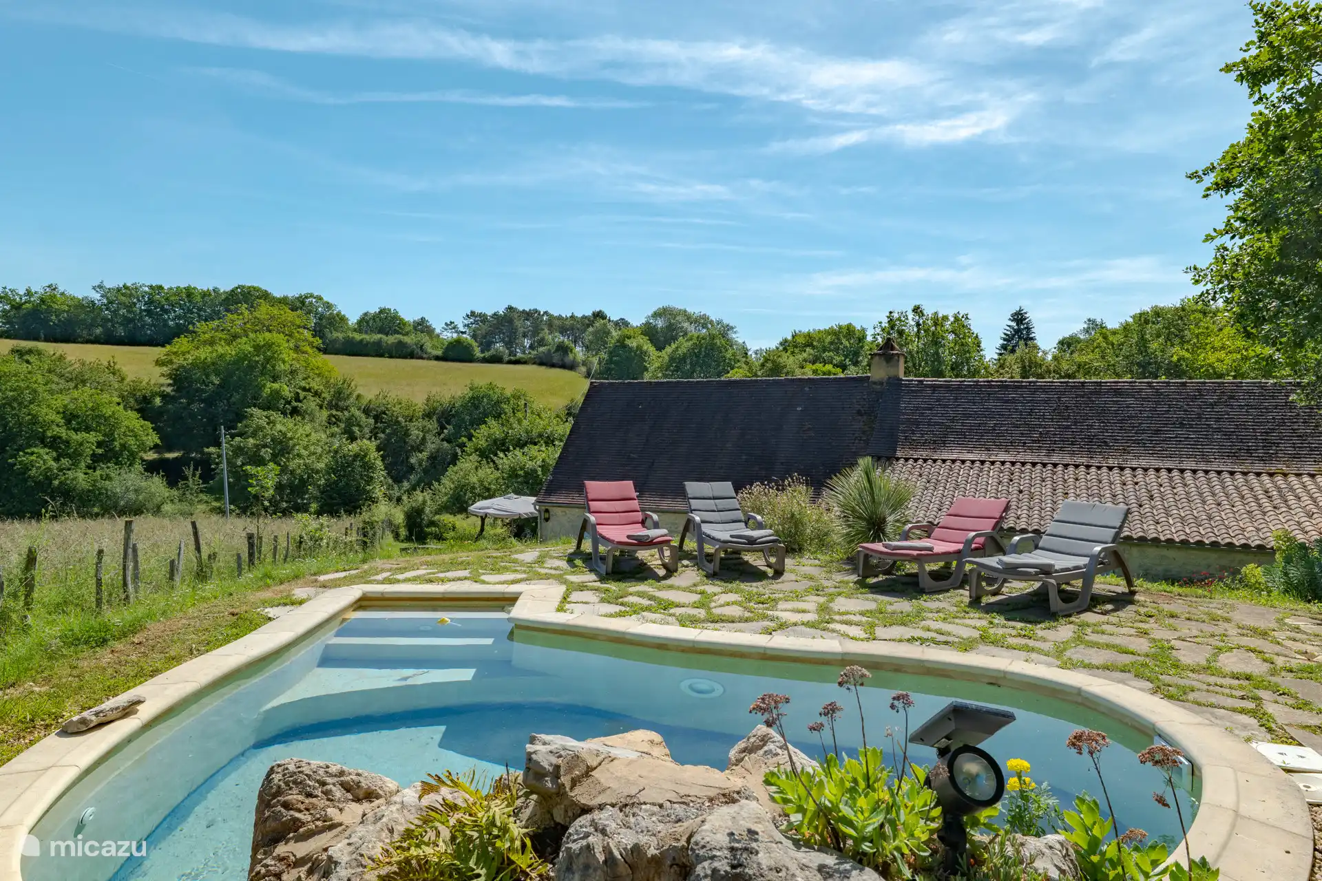 Jardín, piscina y tumbonas