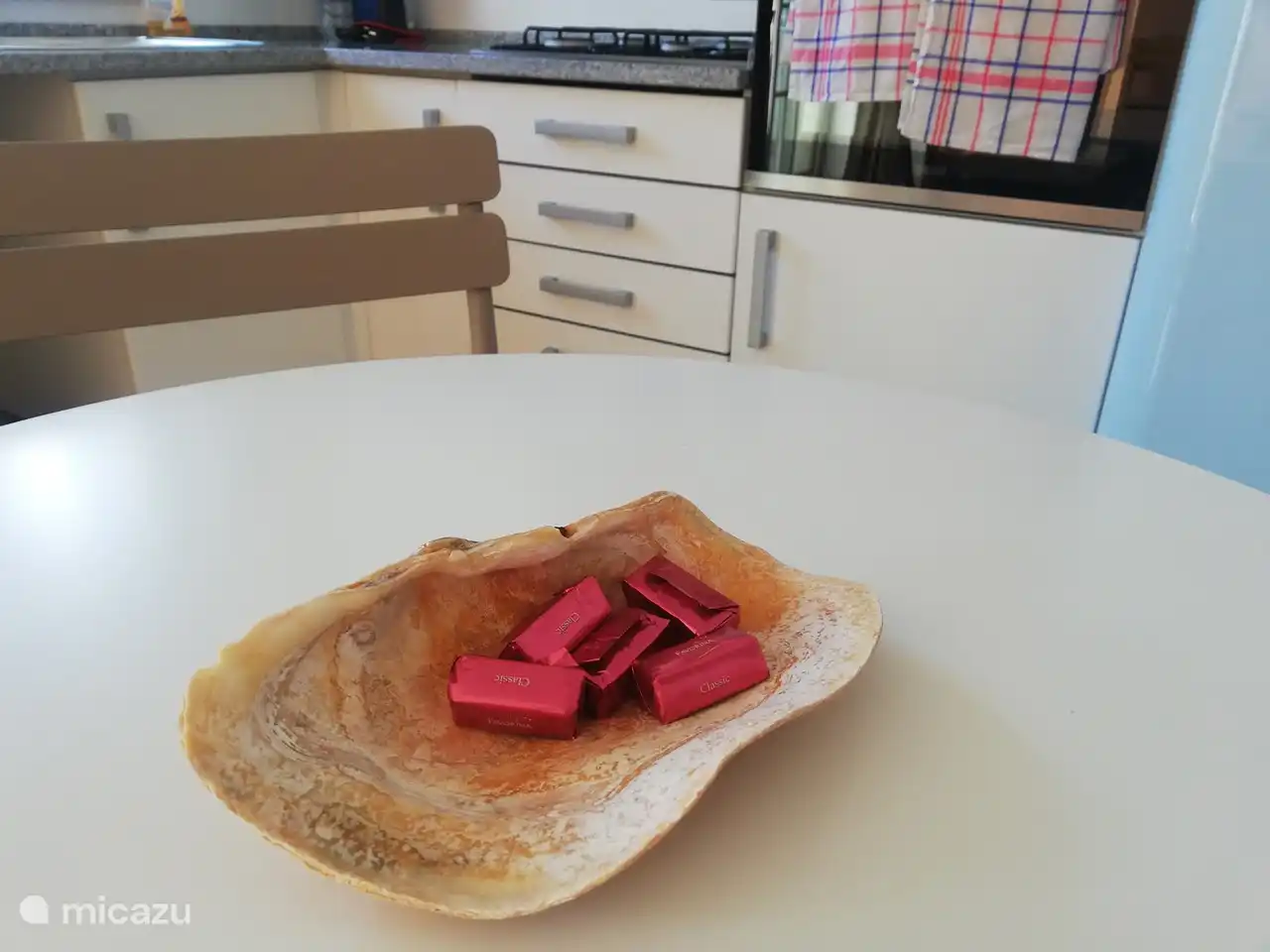 Una concha encontrada en la playa de Cabanas sobre la mesa de la cocina.