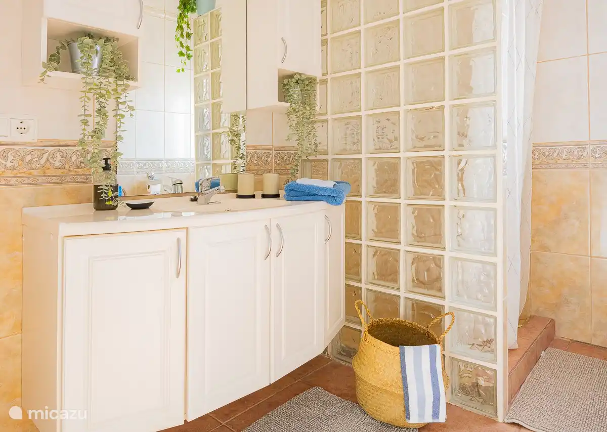 une des grandes salles de bain avec douche à l'italienne et bain, le tout très bien entretenu