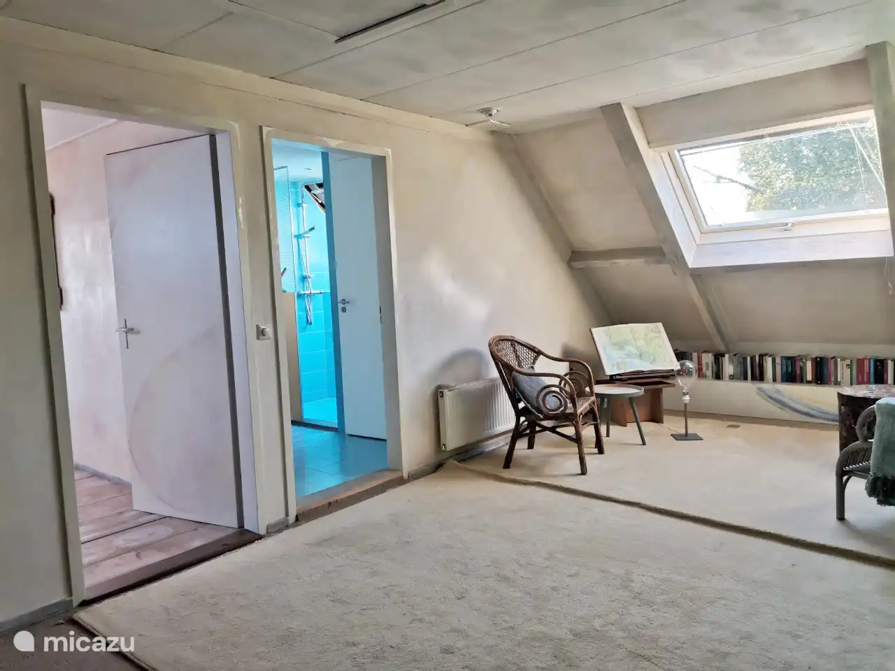 Bedroom, bathroom, library.