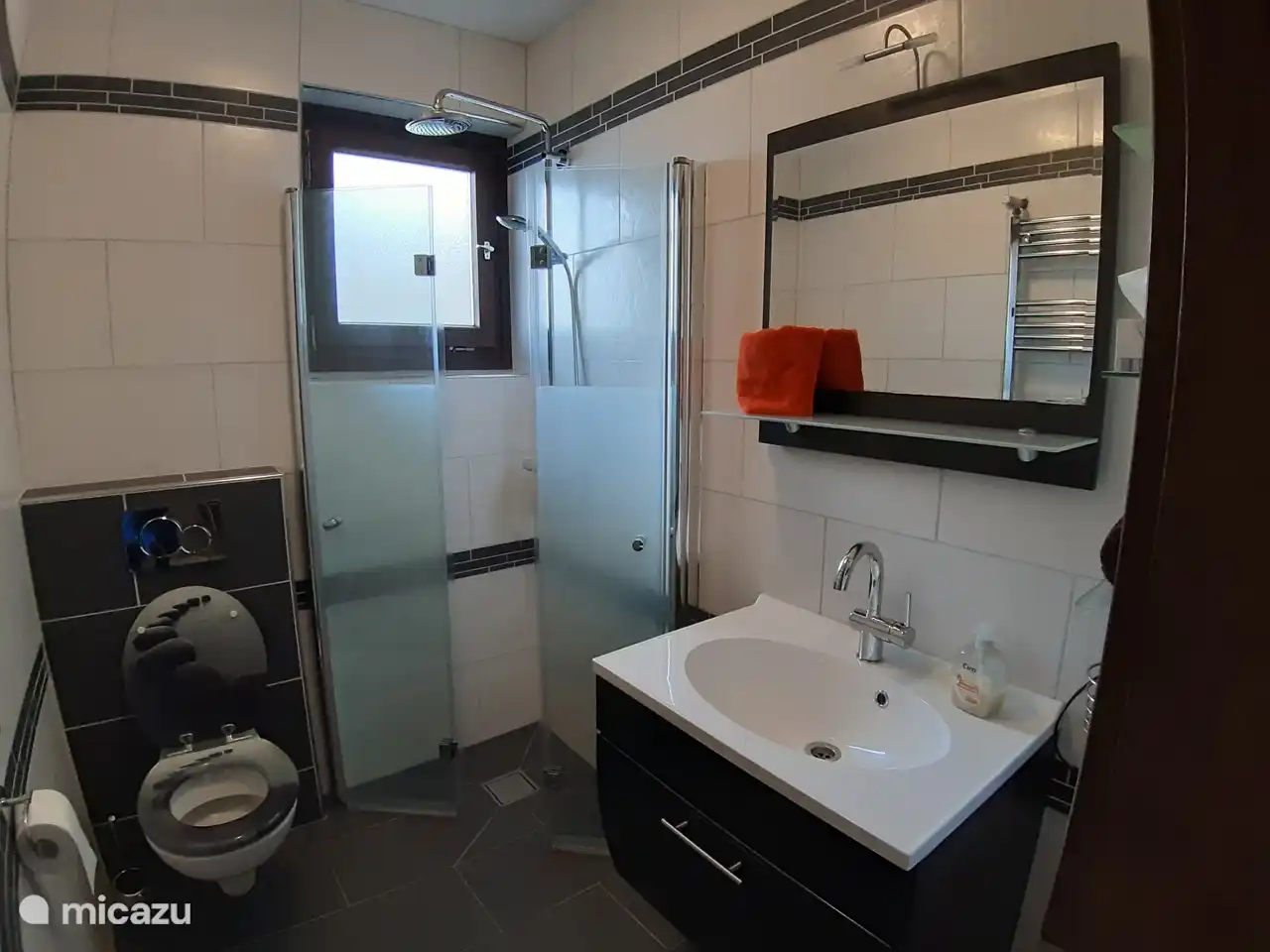 Badezimmer mit Regendusche, Toilette und Waschbecken