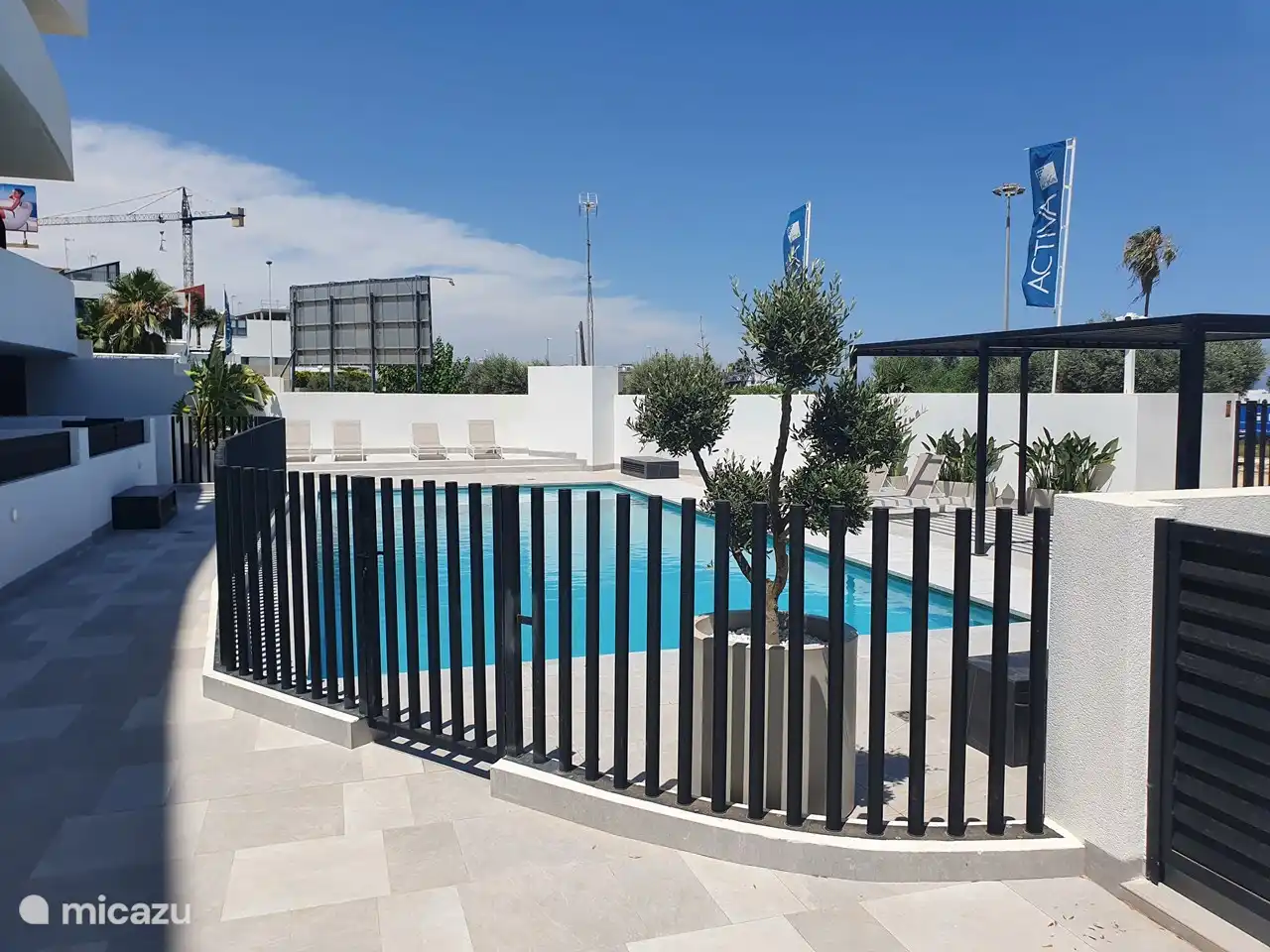 Piscine commune avec transats et douches extérieures