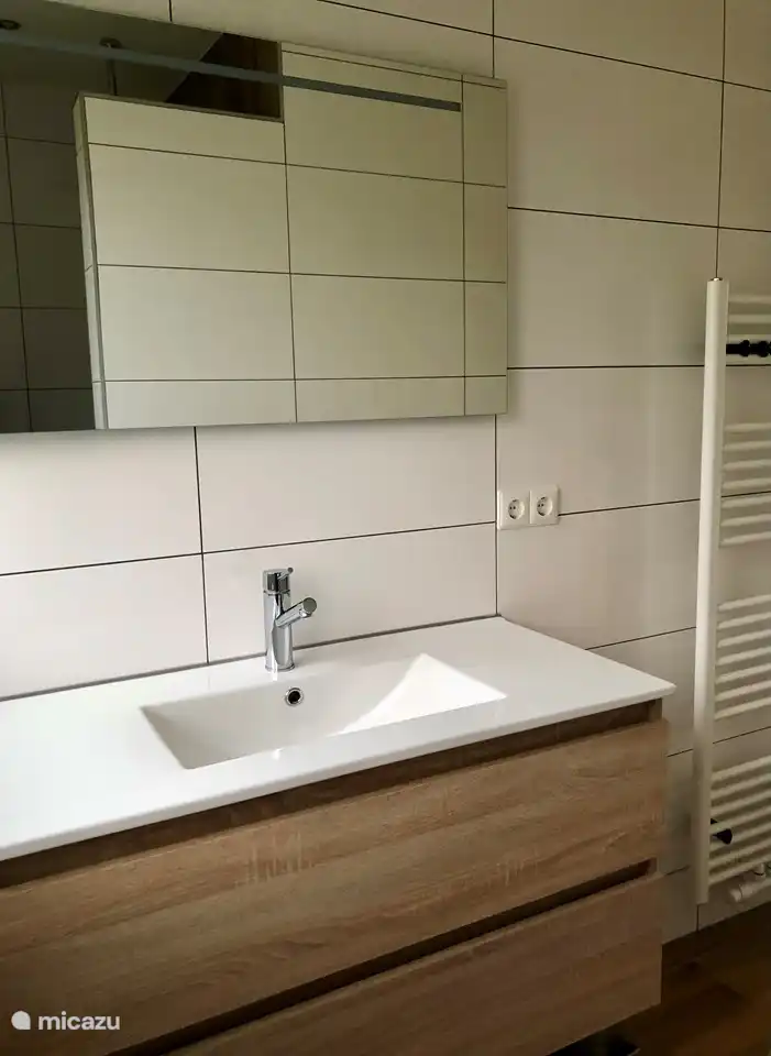 Un hermoso fregadero amplio con dos cajones. El espejo tiene iluminación incorporada y calefacción de espejo.