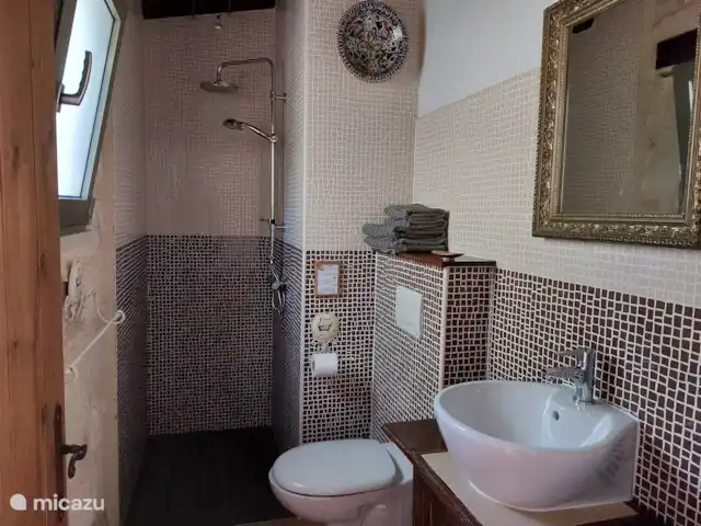 Location de Vacances Grèce, Crète, Koutsouras, gîte / cottage - Kalyvitis Cottage dans l’oliveraie La salle de bain a une douche spacieuse, une toilette et un lavabo.