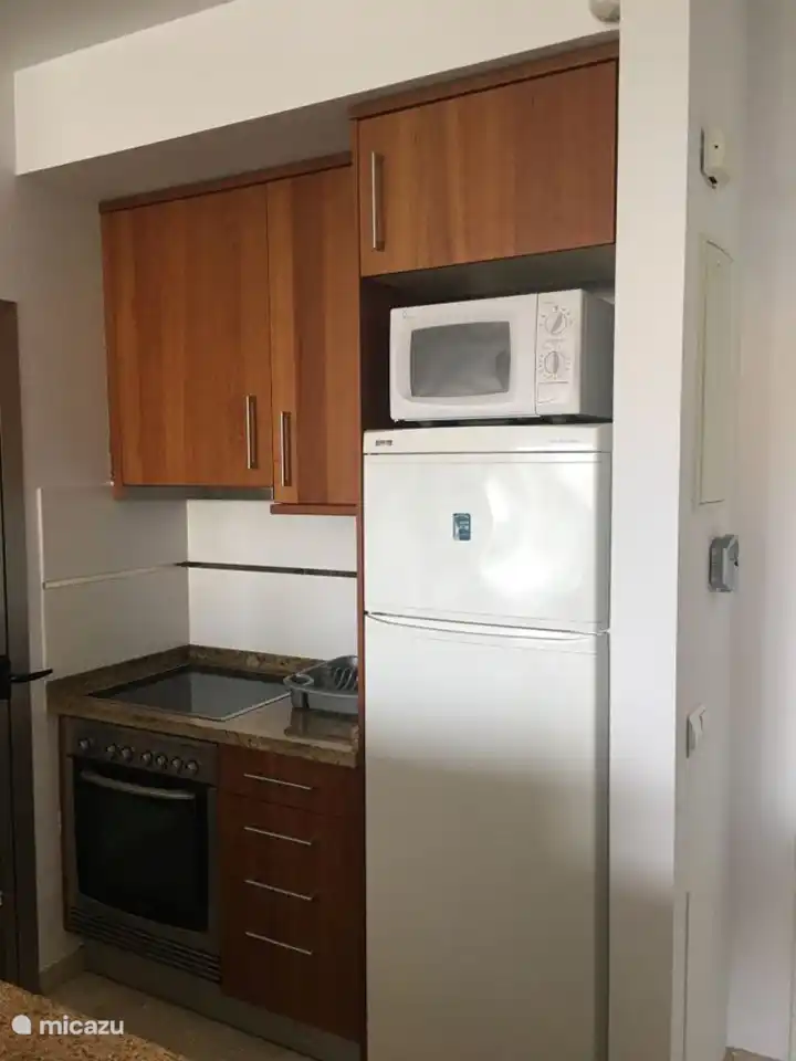 Cuisine équipée avec réfrigérateur, congélateur, micro-onde, four, cafetière