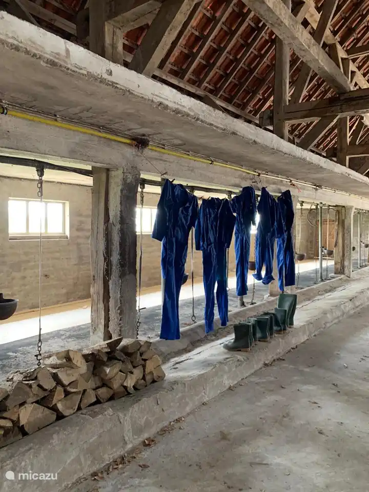 Auf dem Teil ist das Holz für den Holzofen und es gibt ein Paar Stiefel und eine Reihe von Overalls.