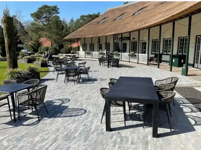Vue forêt 2 | Pays-Bas, Drenthe, Diever - chalet la terrasse rénovée devant le restaurant et le snack