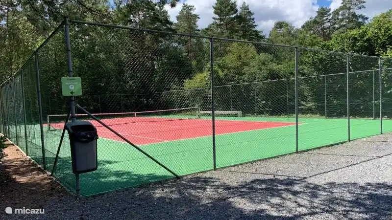 Cancha de tenis y junto a ella la entrada al bosque