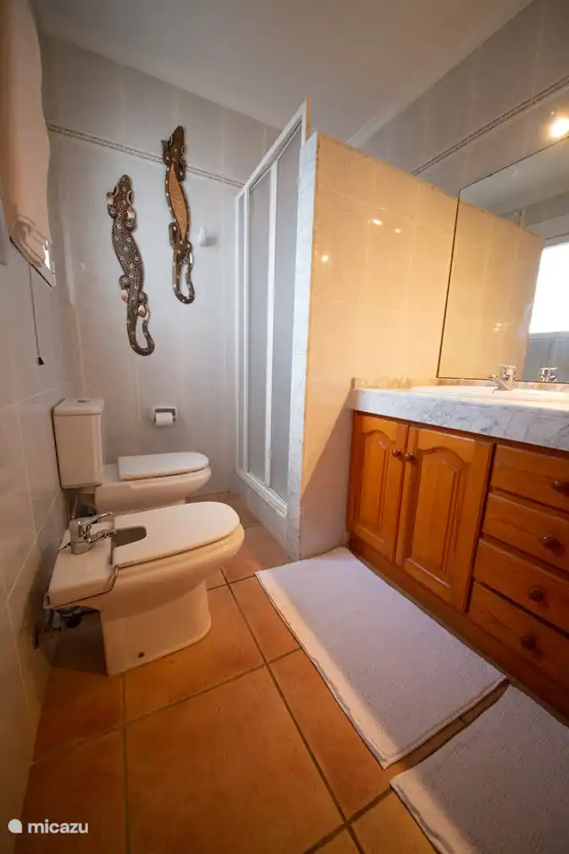 Salle de bain avec double vasque, bidet, douche et WC reliée à la chambre 1. Fenêtre avec moustiquaire.
