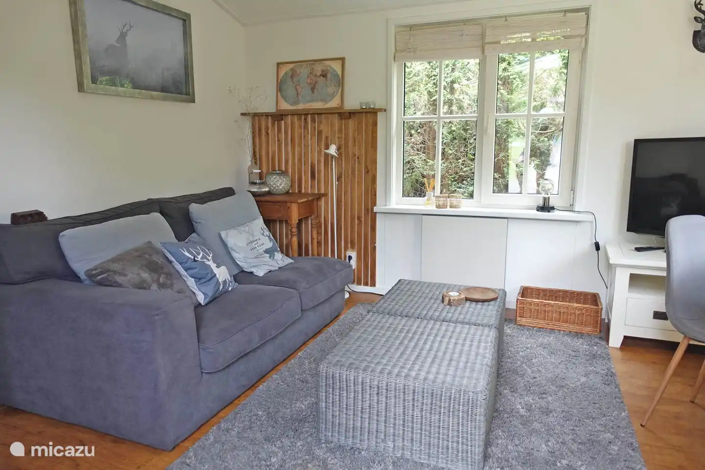 4 persoons Chalet de Berk, Rheezerveen. Sfeervolle woonkamer. Boven het hout, niet zichtbaar hangt nu een airco 